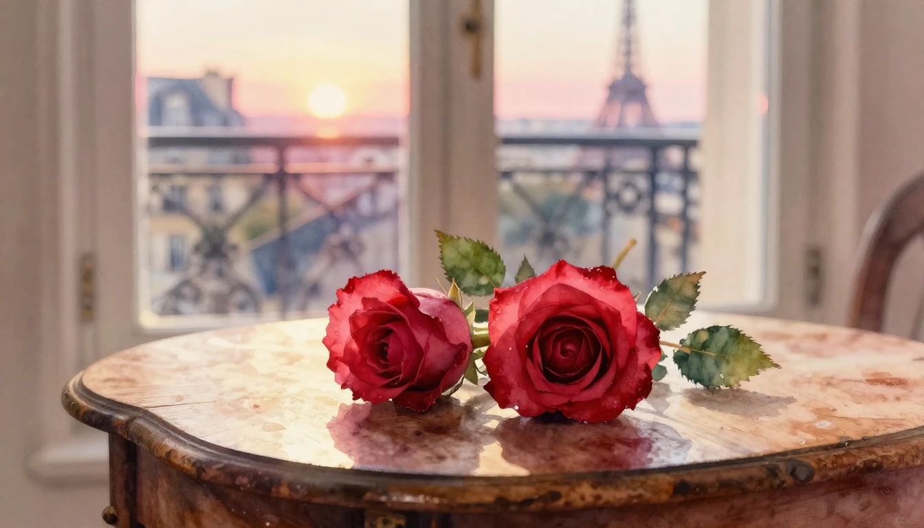 A delicate watercolor painting of two intertwined red roses ...