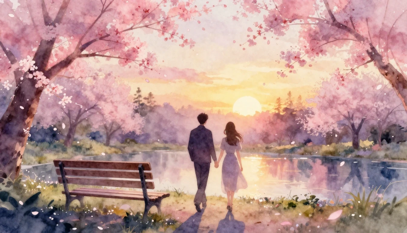 A soft watercolor painting of two silhouettes walking hand-i...