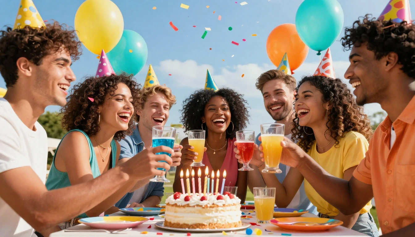 A vibrant and colorful birthday party scene outdoors under a...