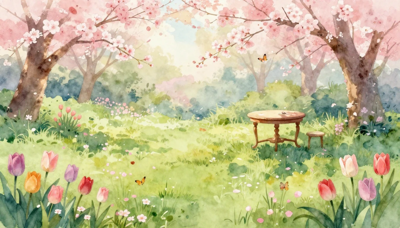 A beautiful watercolor painting of a lush spring garden in f...