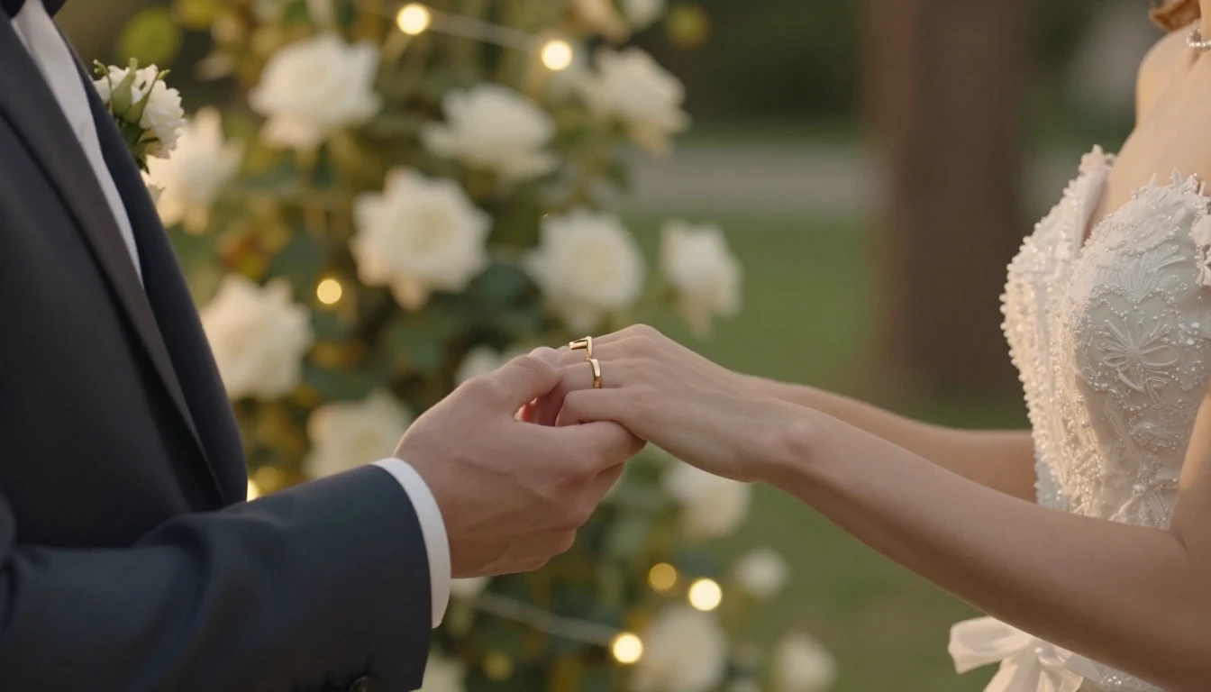 A romantic cinematic close-up of a bride and groom holding h...