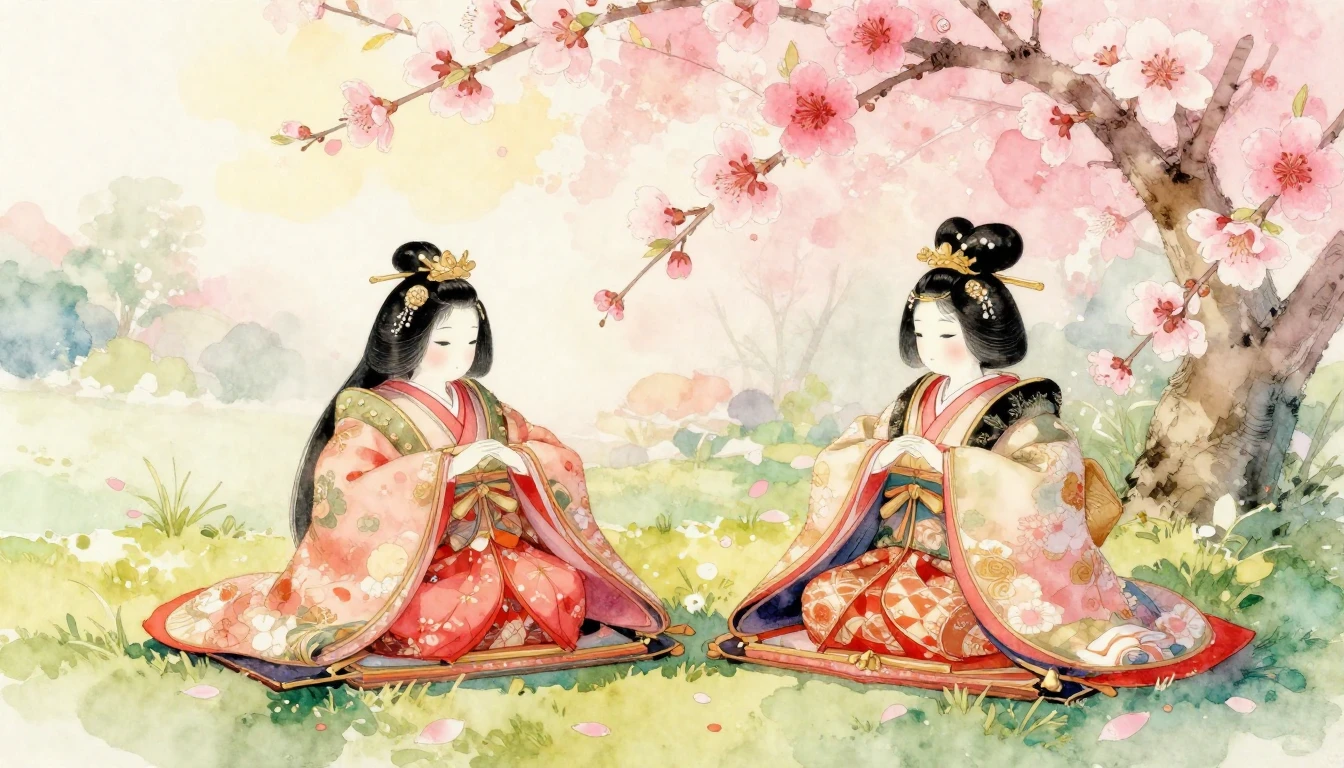 A delicate watercolor painting of traditional Japanese Hina ...