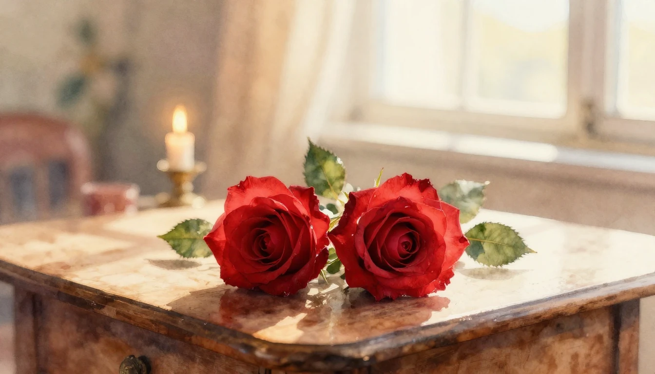 A delicate watercolor painting of two intertwined red roses ...