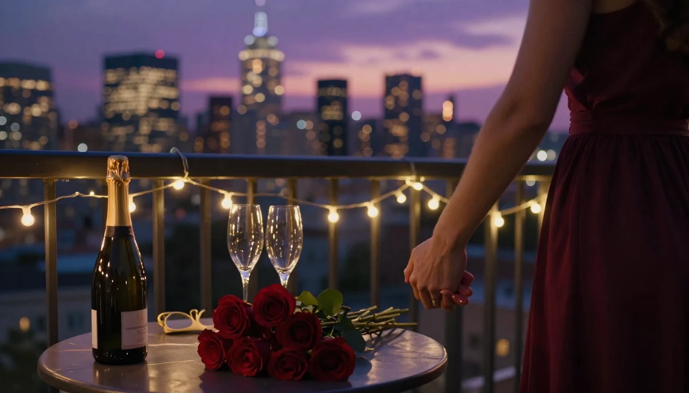 A romantic and intimate scene depicting a couple holding han...