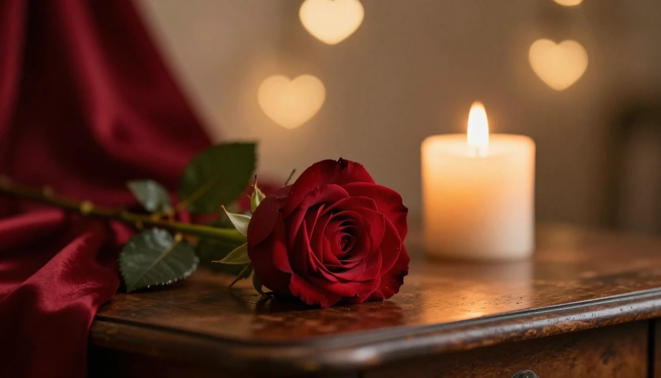 A close-up cinematic shot of a single deep red rose resting ...