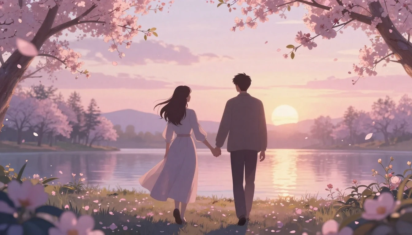 A beautiful, ethereal scene of two silhouettes walking hand-...