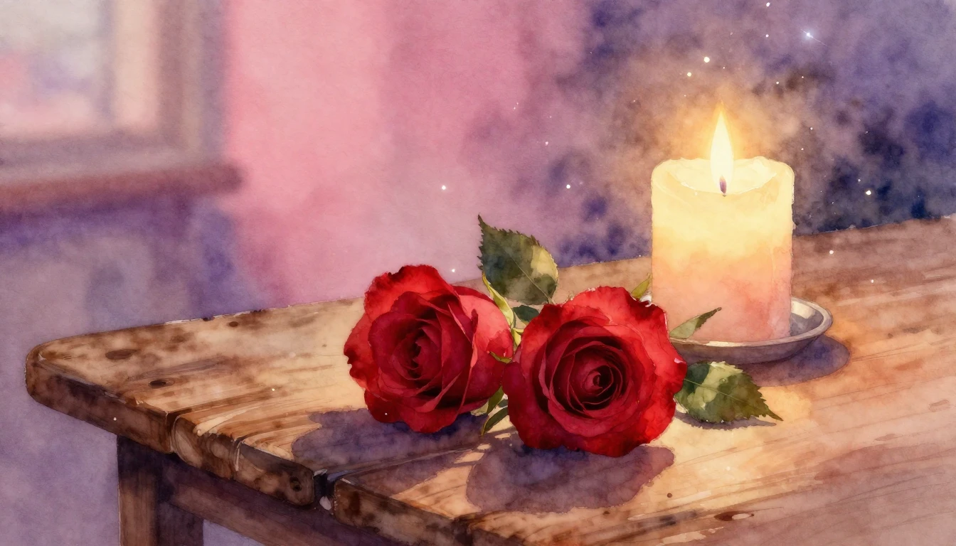 A soft watercolor painting of two delicate red roses intertw...