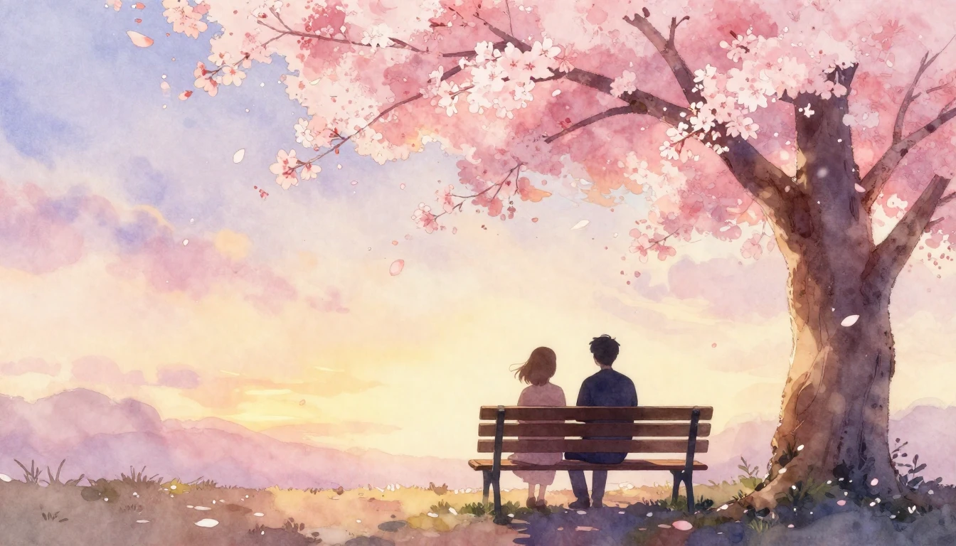 A soft watercolor painting of two silhouettes sitting on a b...