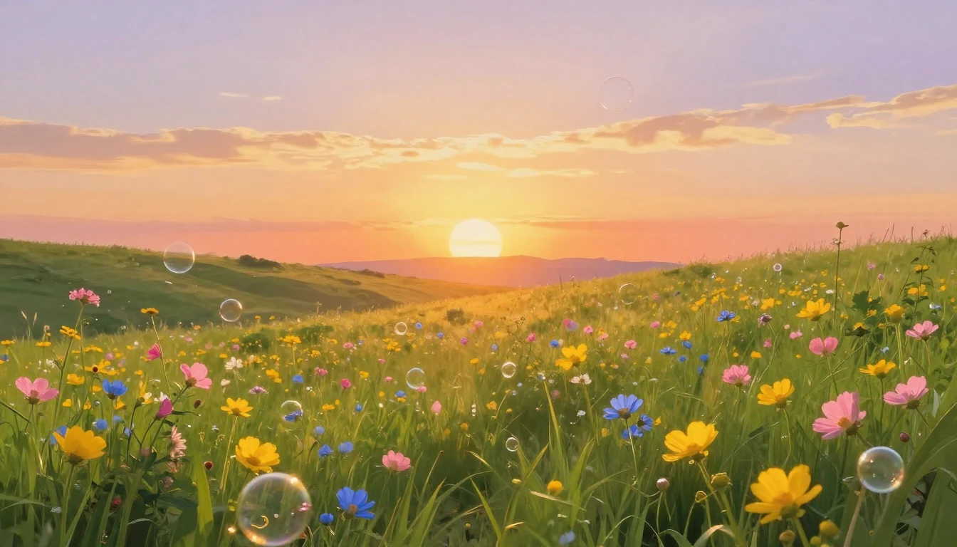 A beautiful and vibrant sun rising over a lush, rolling gree...