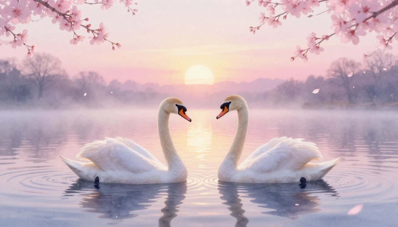 A dreamy watercolor painting of two elegant swans gliding on...