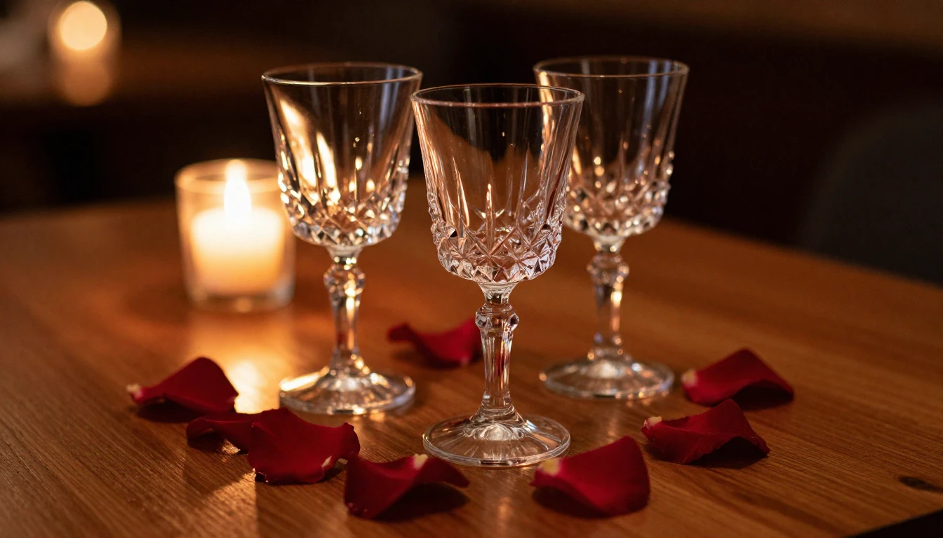 A close-up shot of two elegant crystal glasses on a polished...