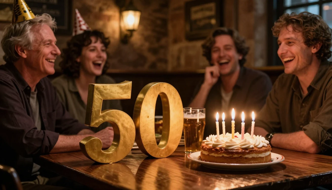 A cinematic shot of a lively 50th birthday celebration in a ...