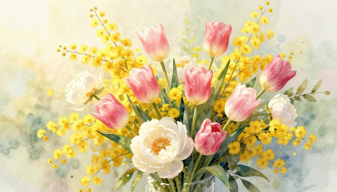 A lush and vibrant bouquet of spring flowers featuring yello...