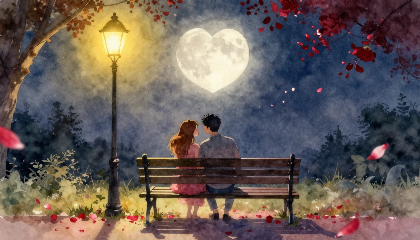 A romantic, dreamy watercolor painting of a couple sitting o...