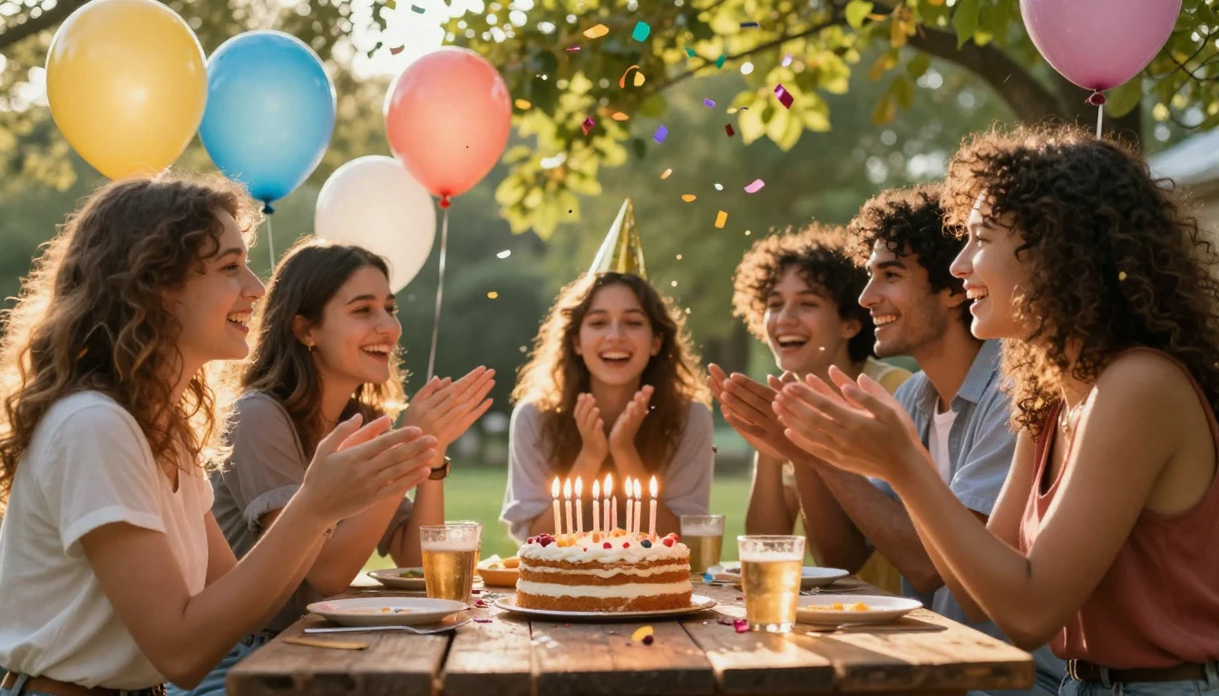 A joyful scene of best friends celebrating a birthday party ...