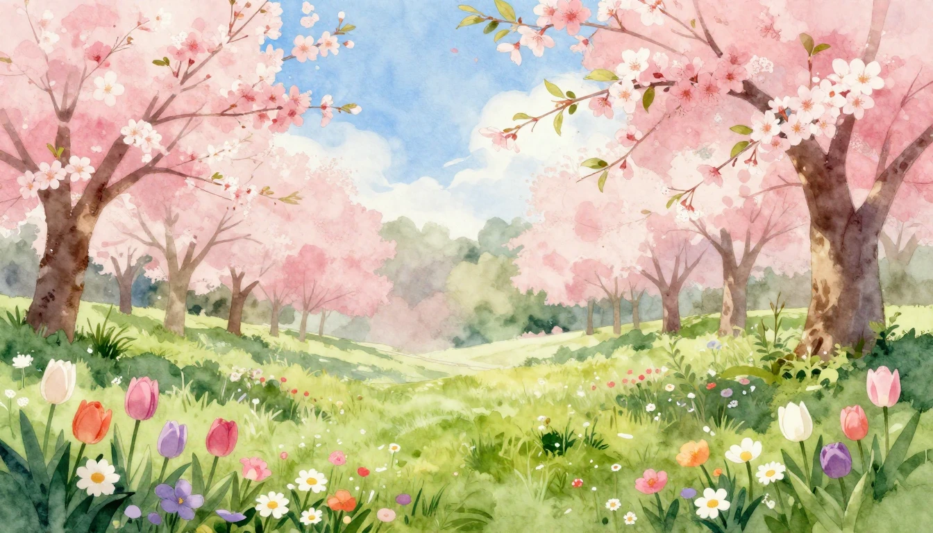 A vibrant watercolor painting of a lush meadow at dawn. Deli...