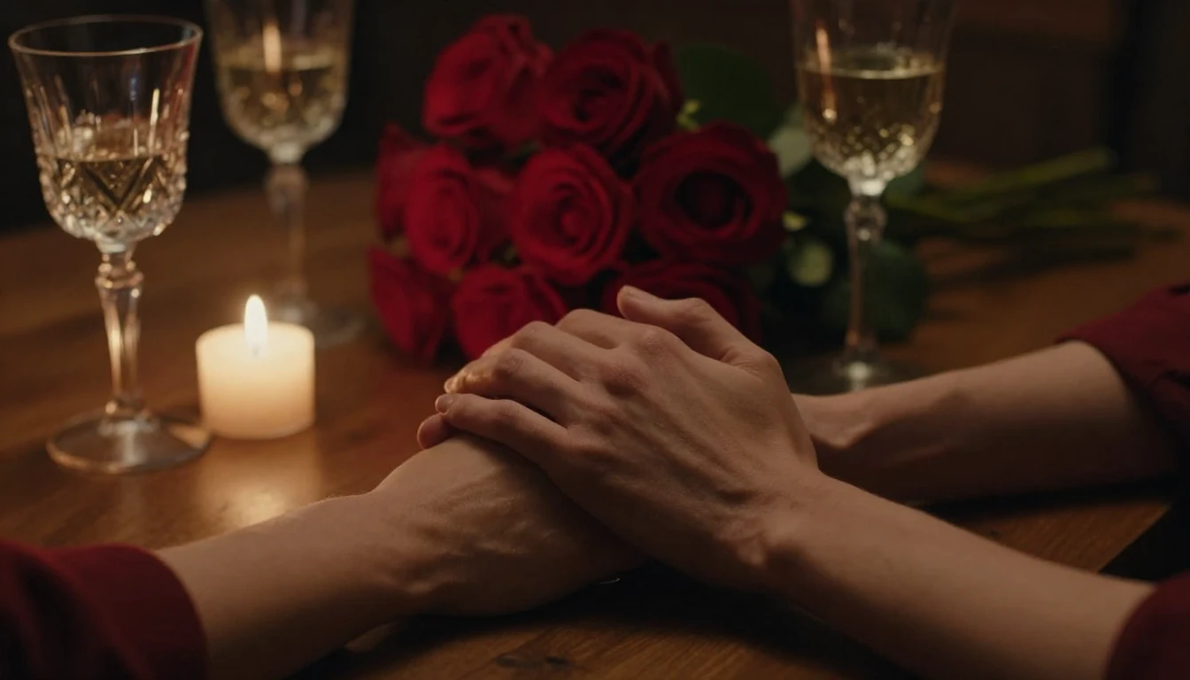 A close-up, cinematic shot of two hands gently intertwined r...