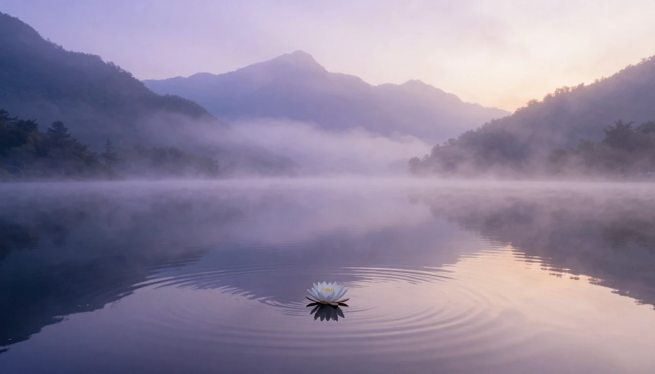 A serene and ethereal landscape depicting a vast, mirror-lik...