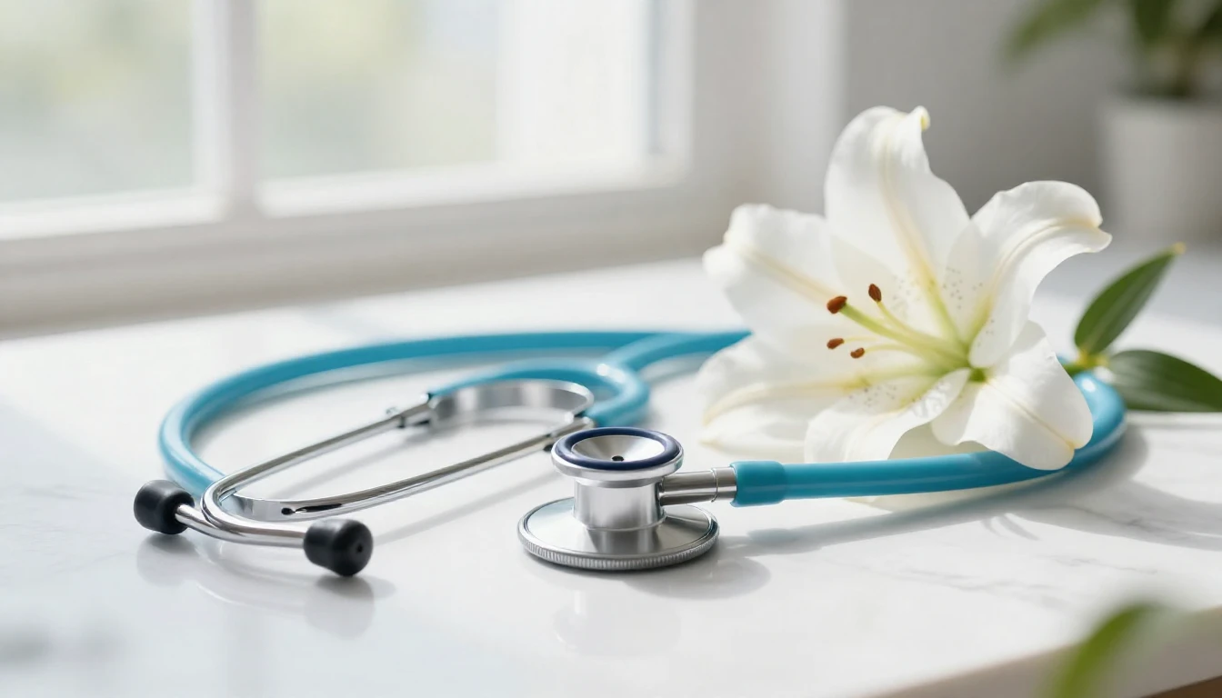 A serene and uplifting scene featuring a stylized stethoscop...