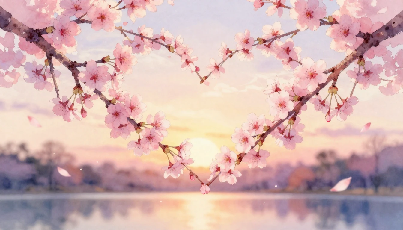 A delicate watercolor painting of two intertwined cherry blo...