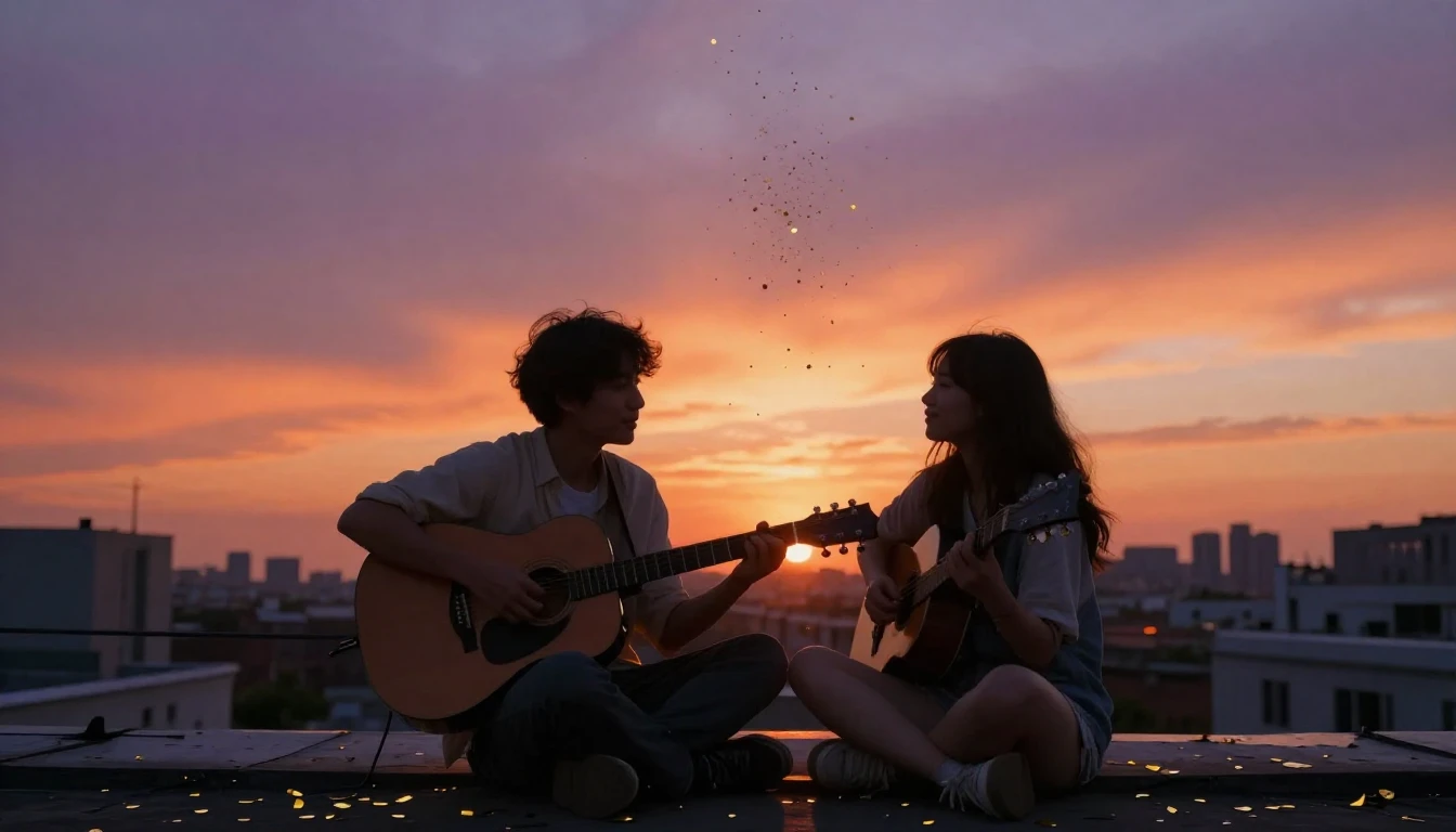 A warm and nostalgic scene showing two friends sitting on a ...