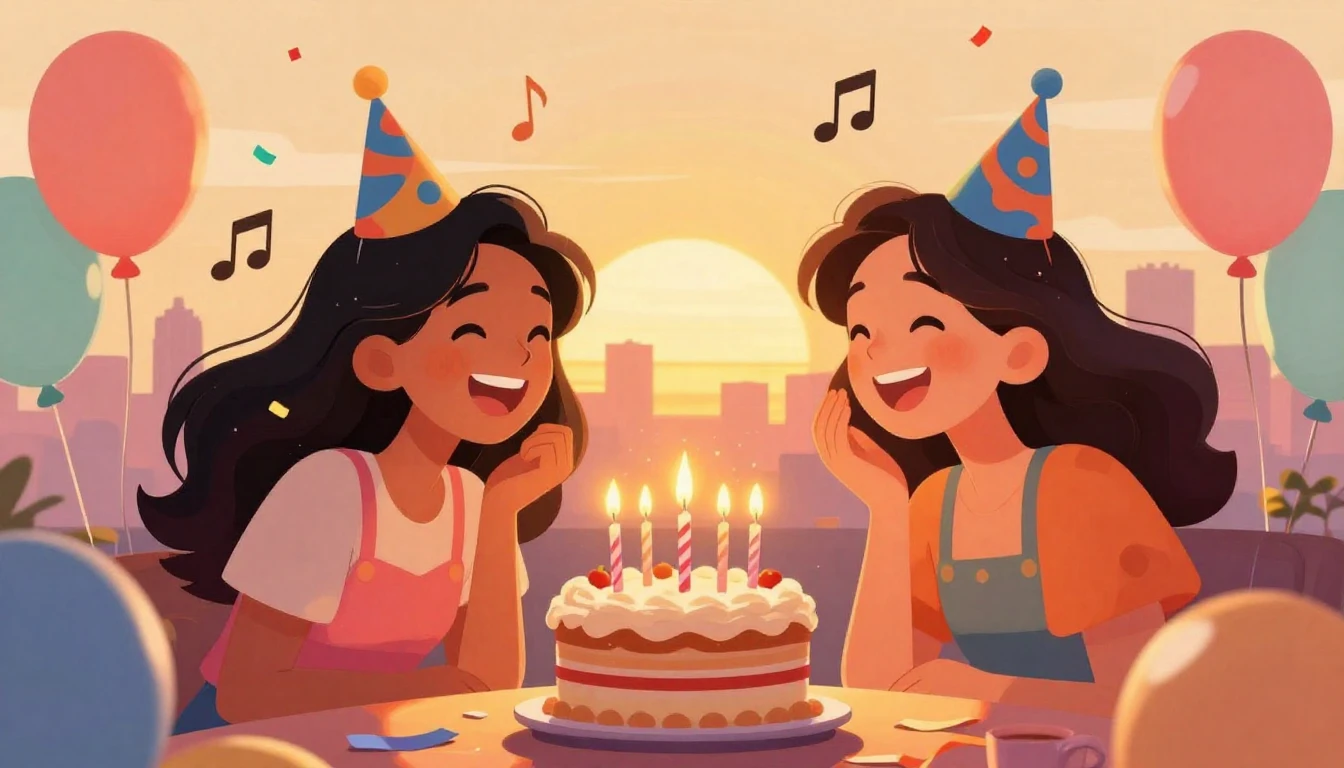 A vibrant and festive illustration of two best friends laugh...