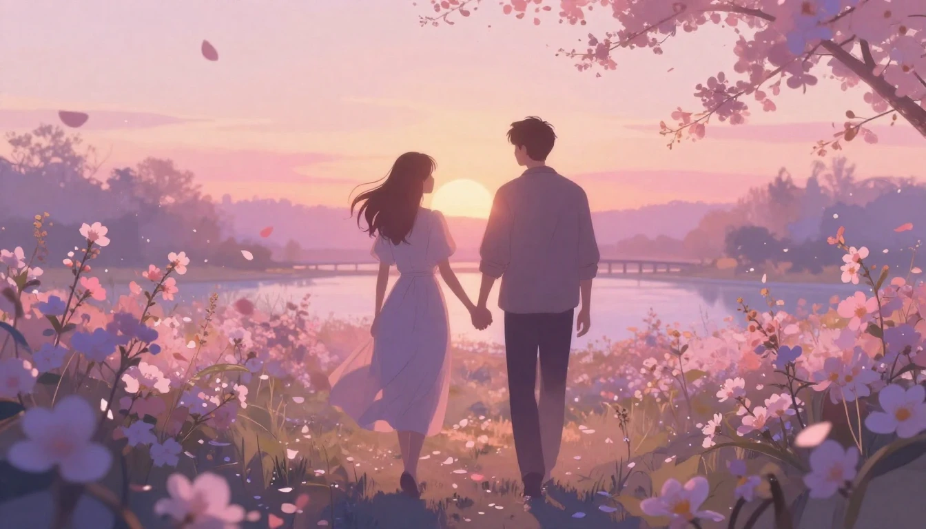 A soft and ethereal scene depicting two silhouettes walking ...