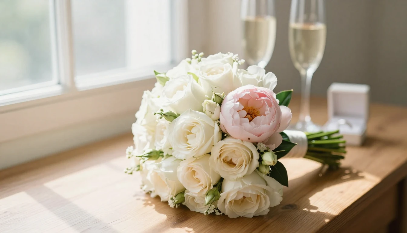 A close-up artistic view of a beautiful bridal bouquet consi...
