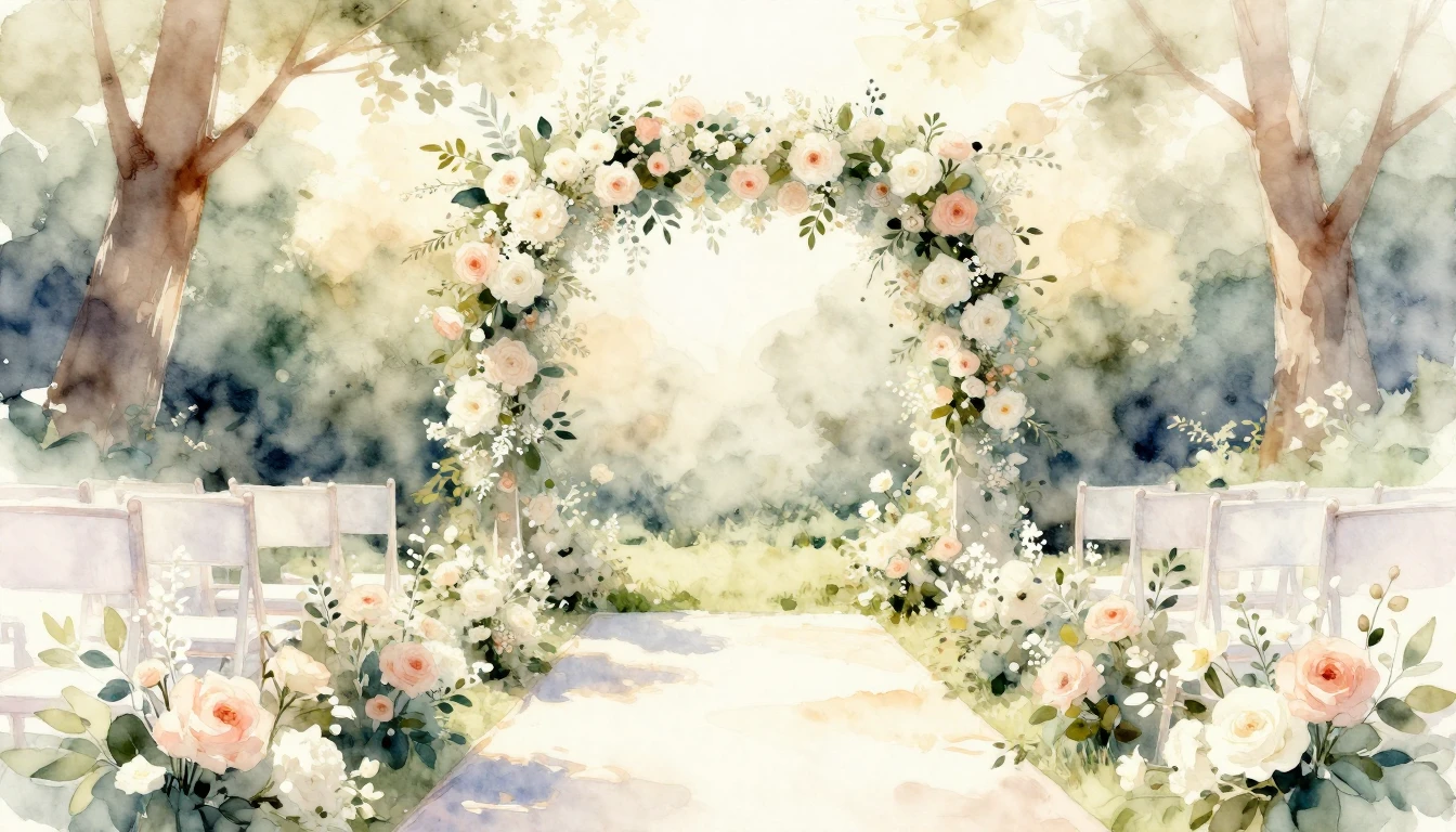 A beautiful watercolor painting of a wedding aisle decorated...