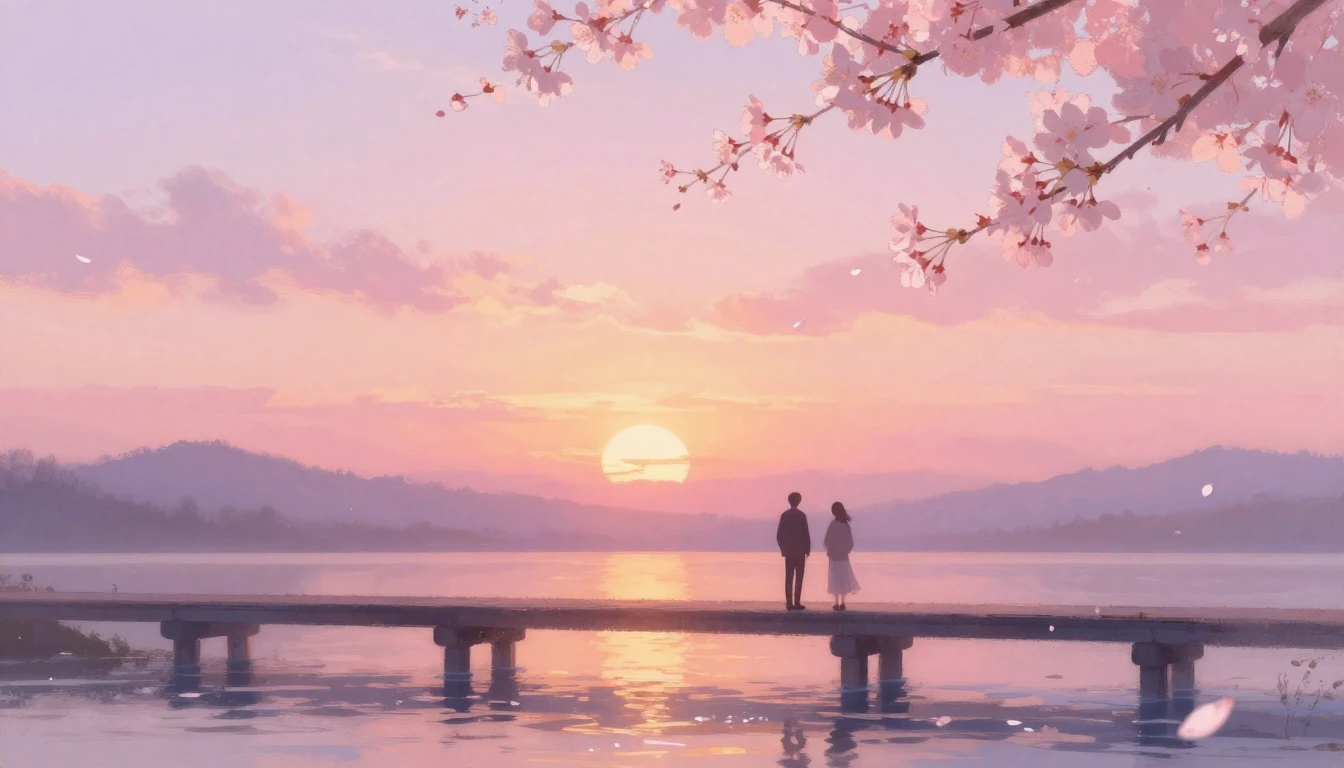 A dreamy and ethereal scene of two silhouettes standing on a...