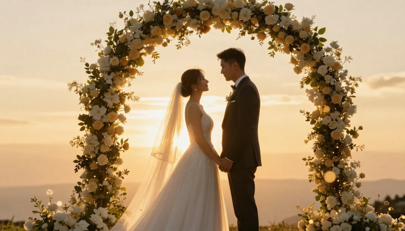 A beautiful and romantic scene of a newlywed couple standing...