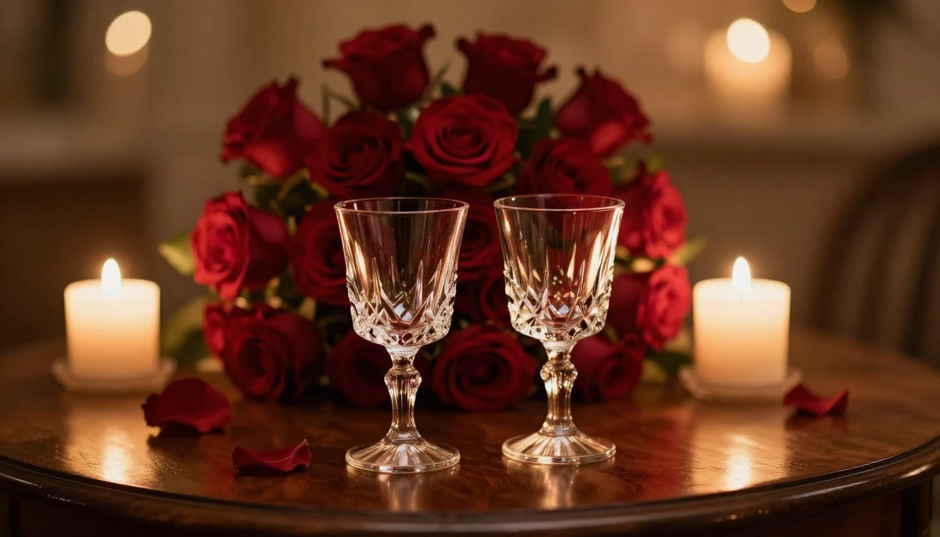 A romantic and intimate setting featuring two crystal glasse...