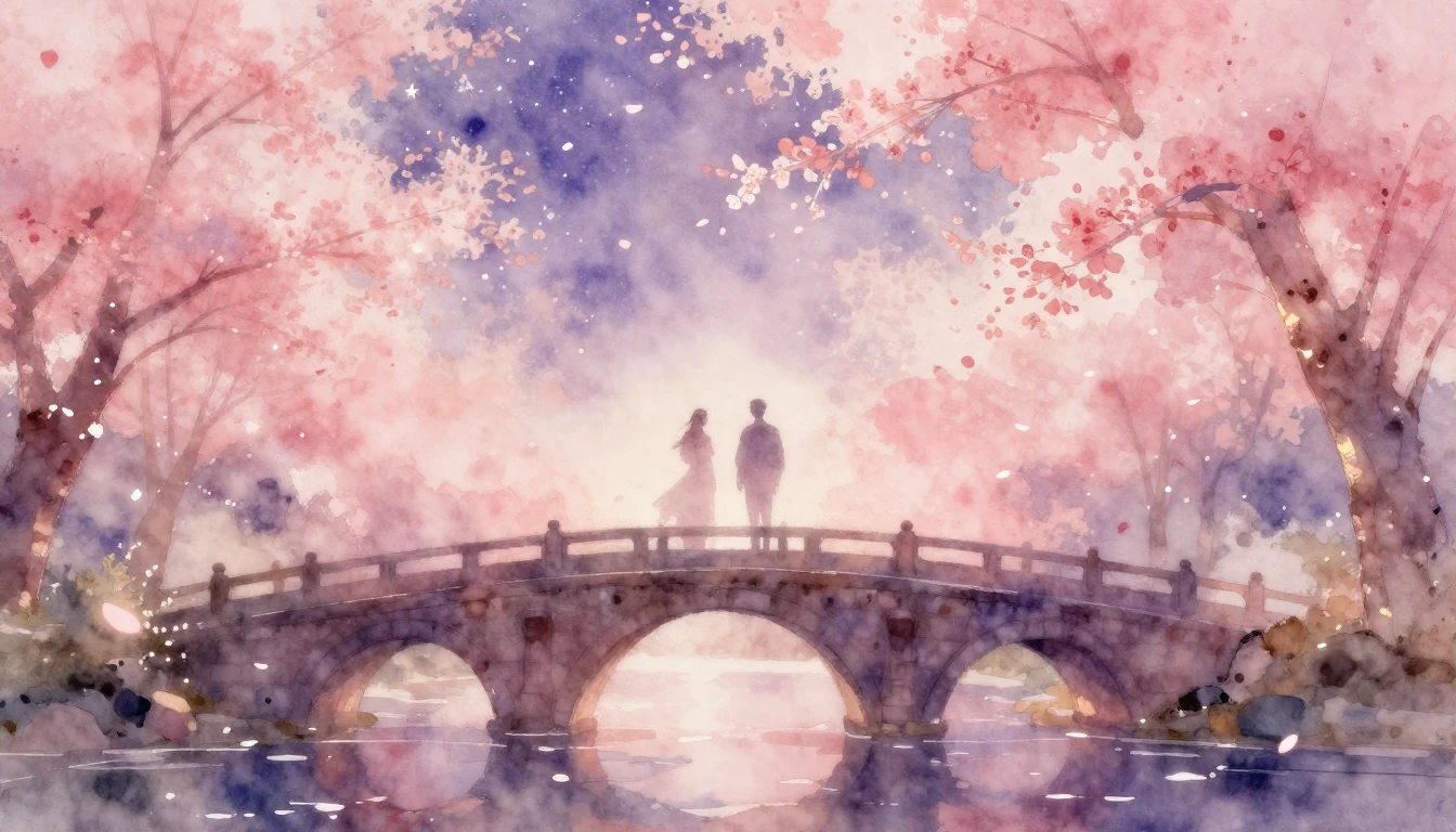 A soft and ethereal watercolor painting of two silhouettes s...