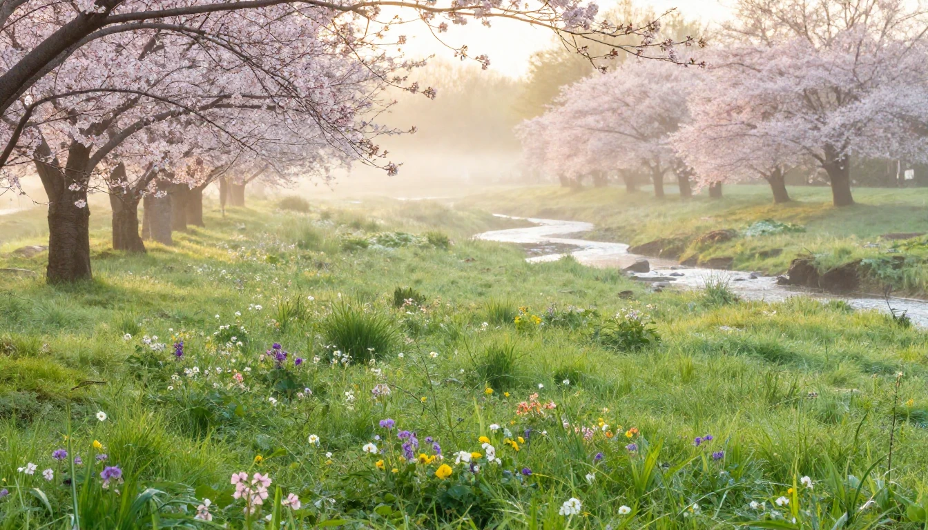 A beautiful scenery of a lush green meadow at sunrise on the...