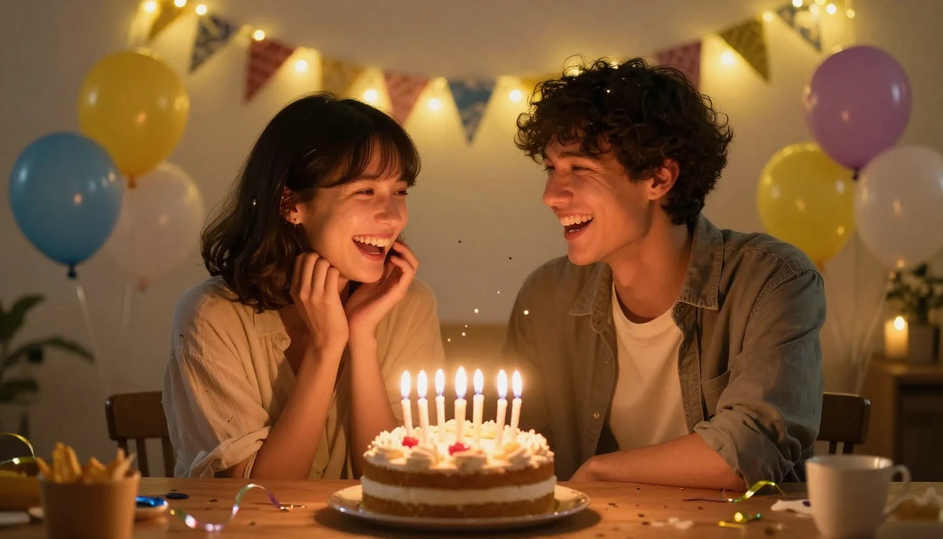 A joyful birthday celebration scene featuring two close frie...