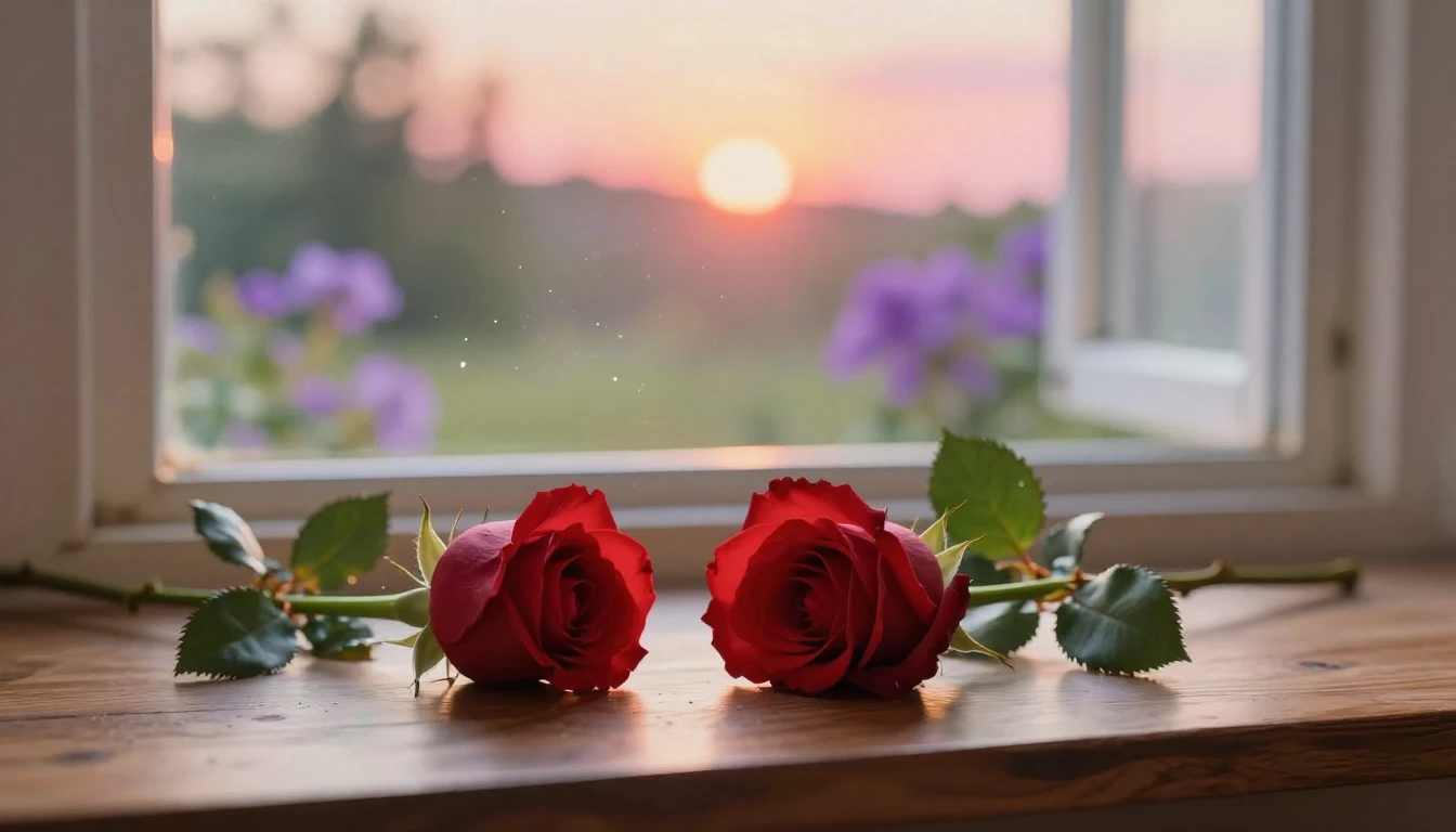 A beautiful and romantic scene featuring two delicate red ro...