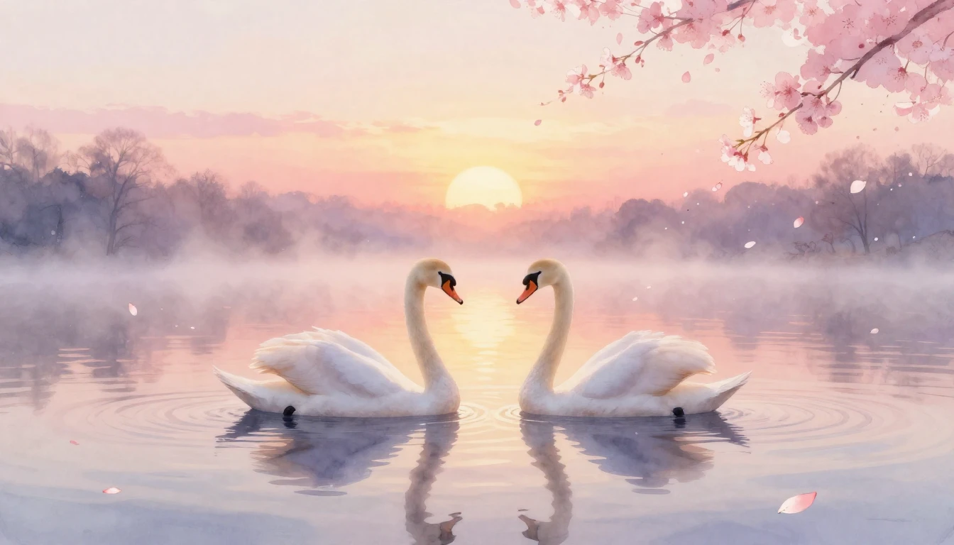A dreamy watercolor painting of two elegant swans gliding on...