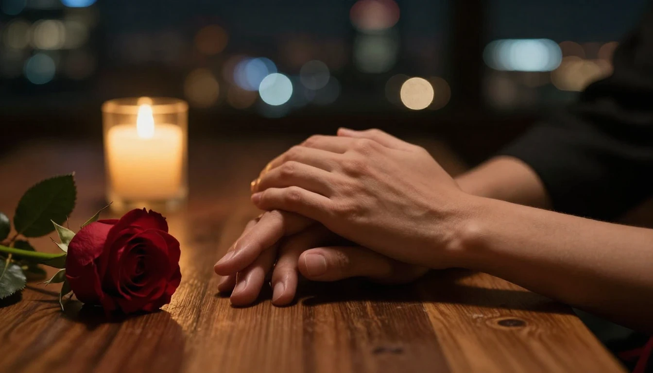 A cinematic close-up shot of two hands gently holding each o...