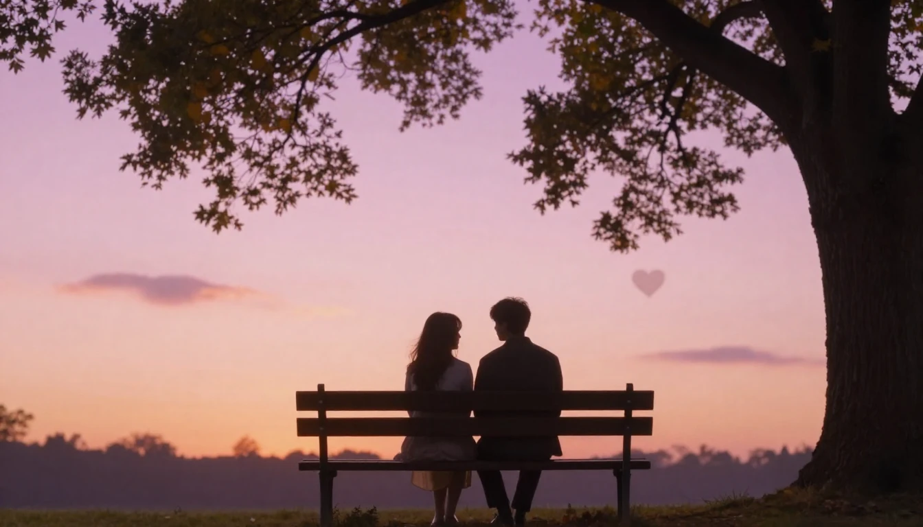 A romantic scene featuring two silhouettes sitting close tog...