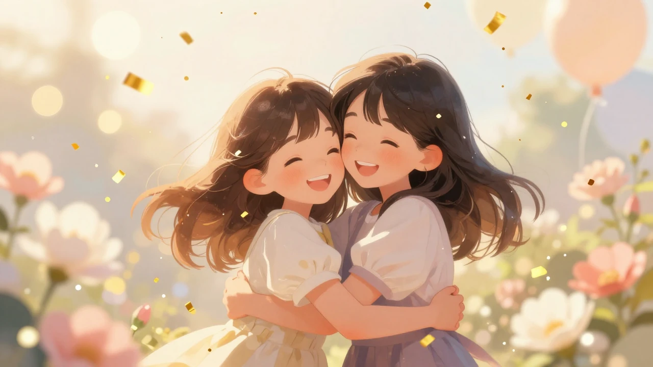 A warm and heartwarming illustration of two happy sisters em...