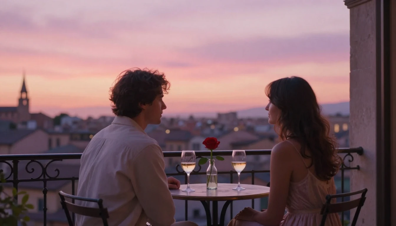 A romantic and dreamy scene depicting a couple sitting on a ...