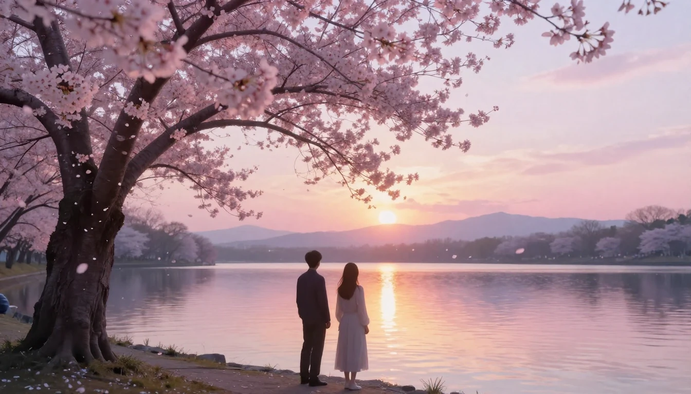 A dreamy and ethereal scene of two silhouettes standing unde...