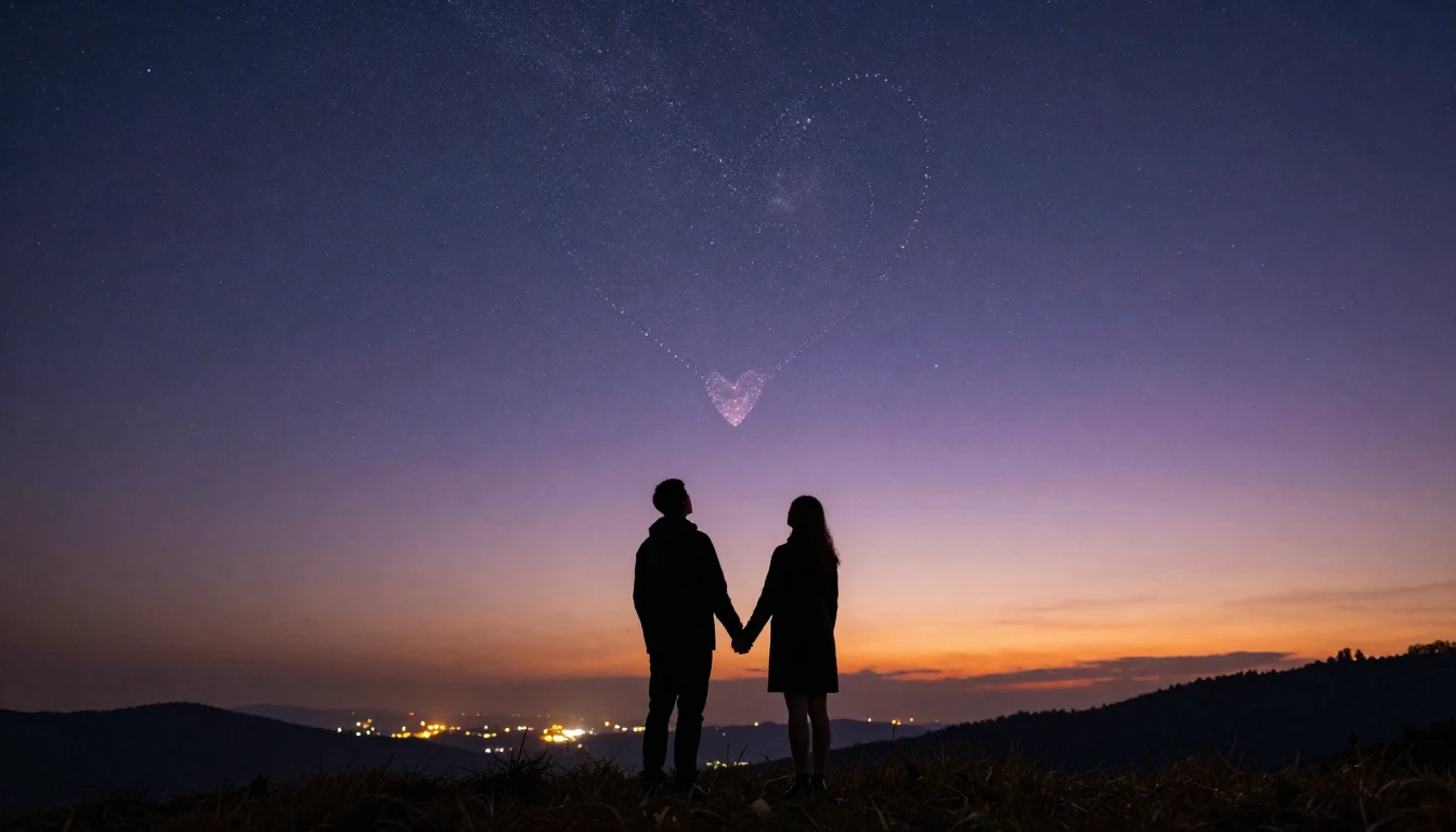 A cinematic wide shot of a silhouette of a couple holding ha...