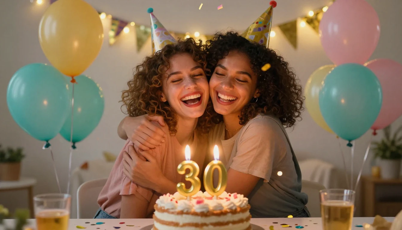 A joyful and vibrant celebration scene of two best friends h...