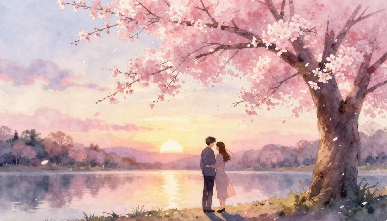 A dreamlike watercolor painting of two intertwined silhouett...