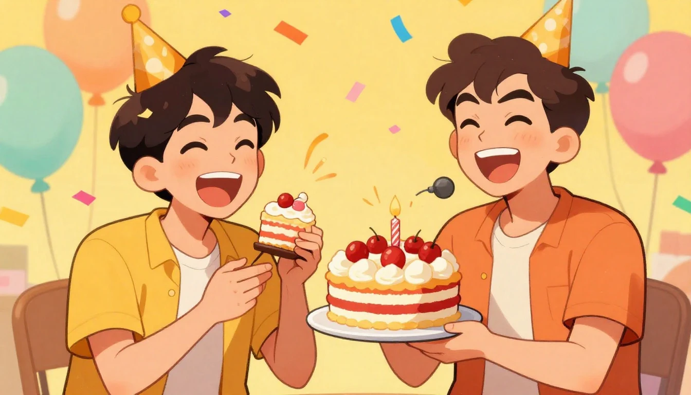 A vibrant and funny birthday party scene, a cartoon-style il...