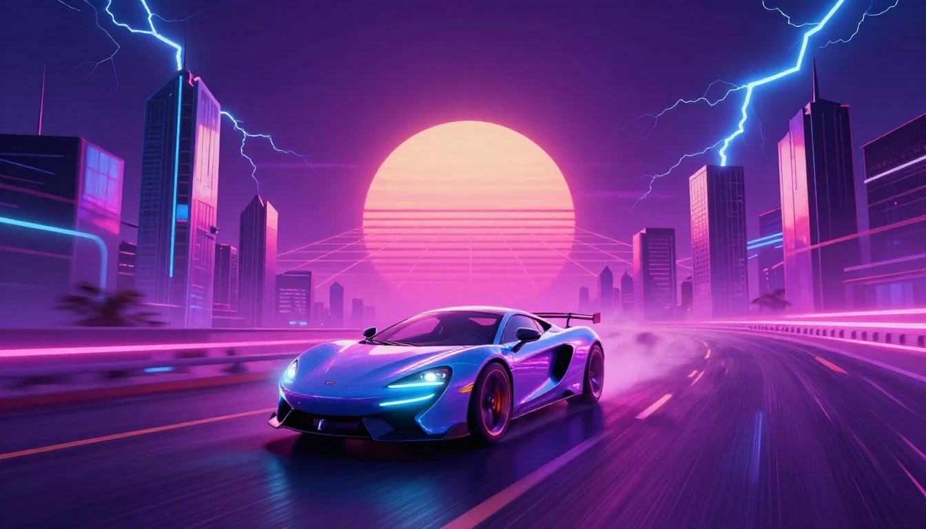 A vibrant retro-futuristic landscape featuring a sleek, glow...