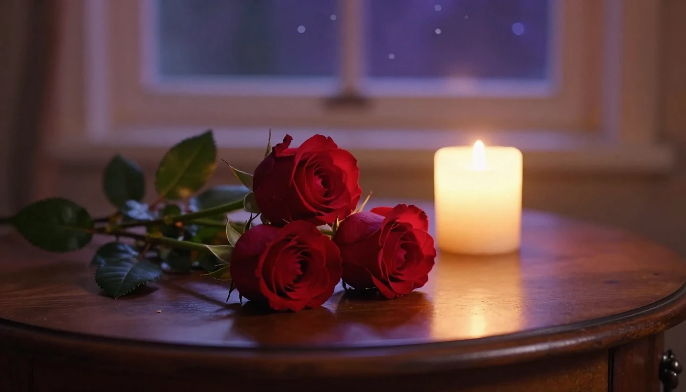 A dreamy and romantic scene featuring two delicate red roses...