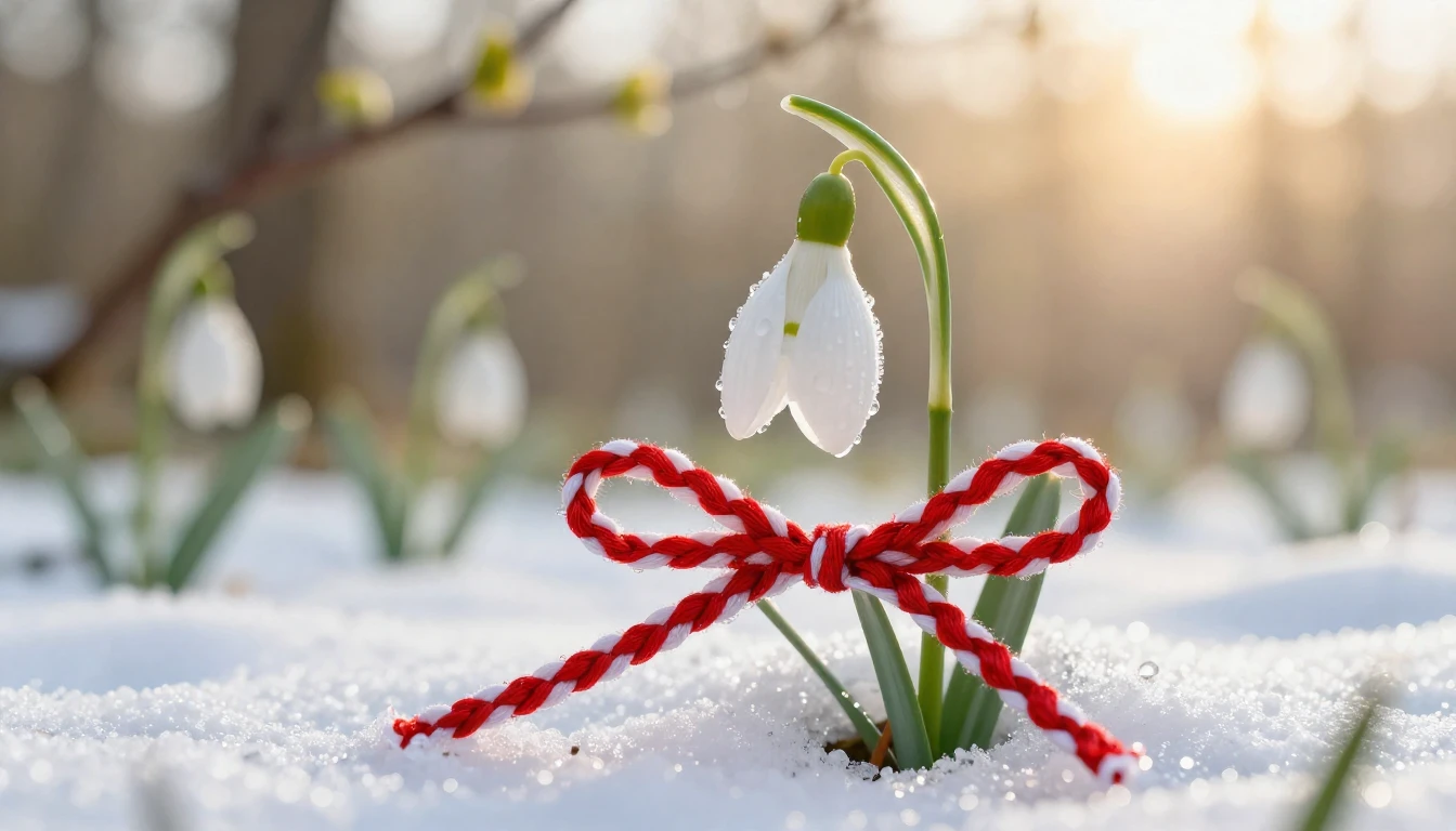 A delicate white snowdrop flower emerging from a thin layer ...