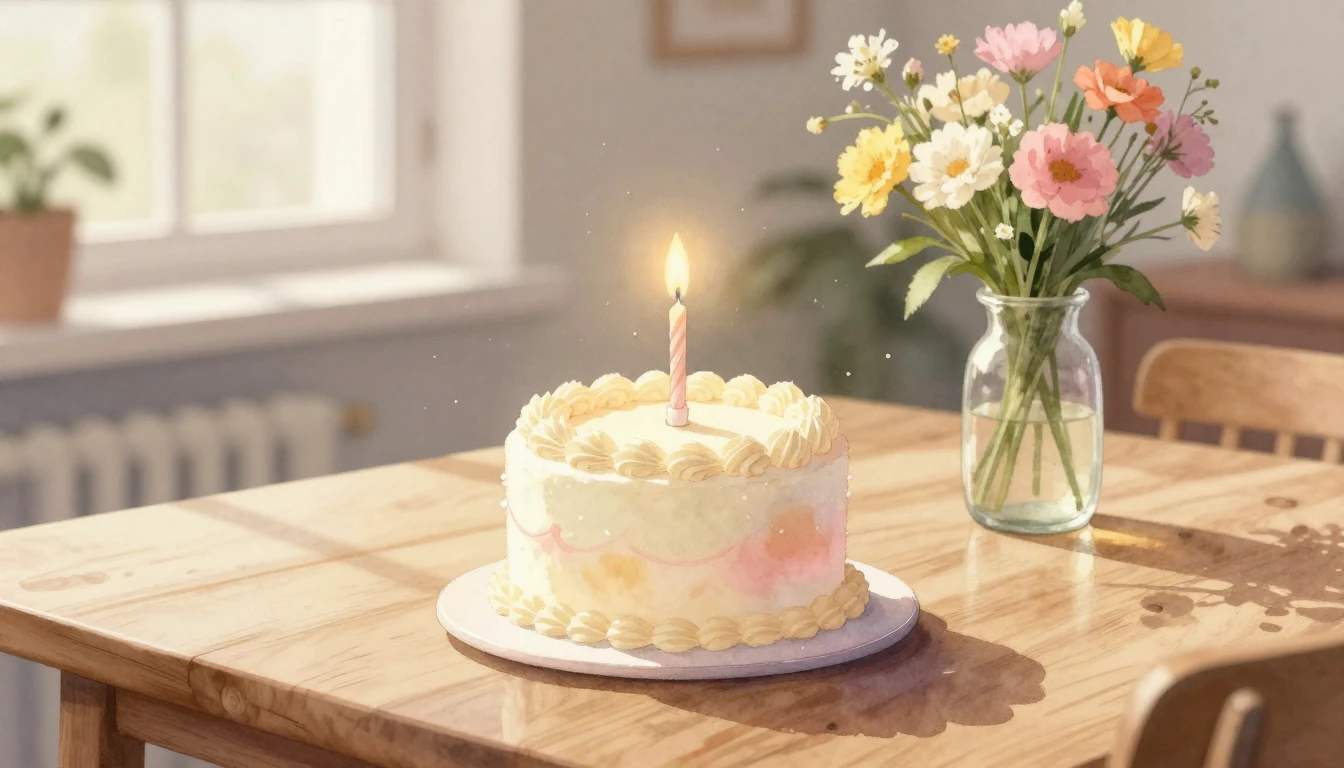 A beautiful watercolor painting of a small, elegant birthday...